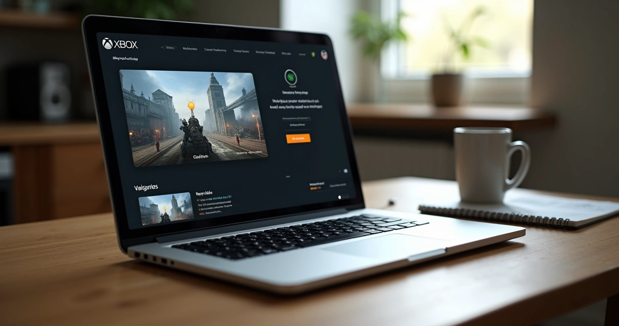 Notebook antigo aberto, tela mostrando streaming de jogo do Xbox na nuvem 