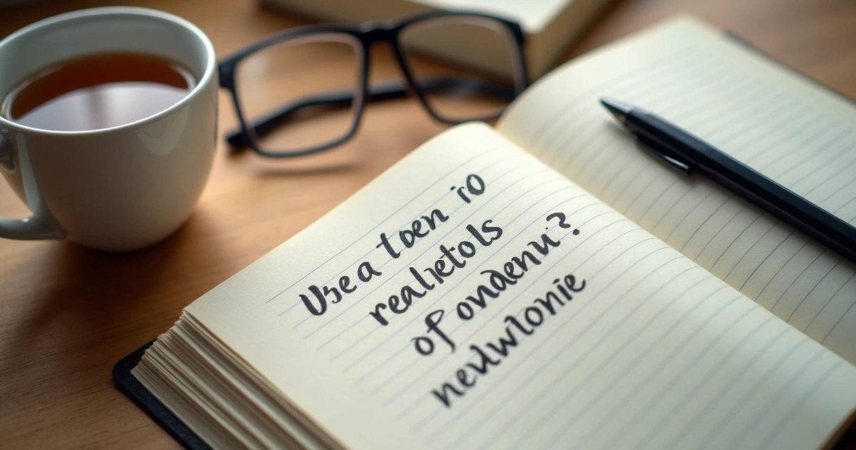 Notebook with questions about beliefs beside glasses and a cup of tea 