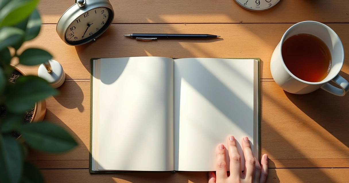 Notebook and cup on a desk during a quiet breathing practice