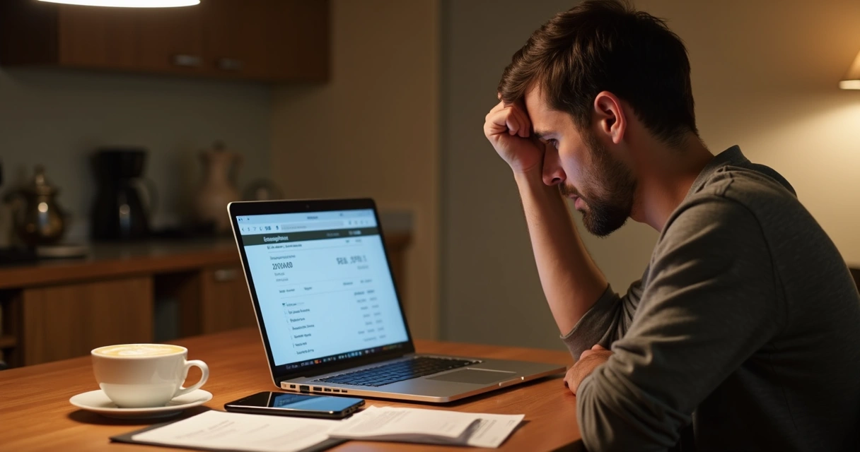 Pessoa olhando preocupado para a tela do notebook com fatura em destaque e celular ao lado