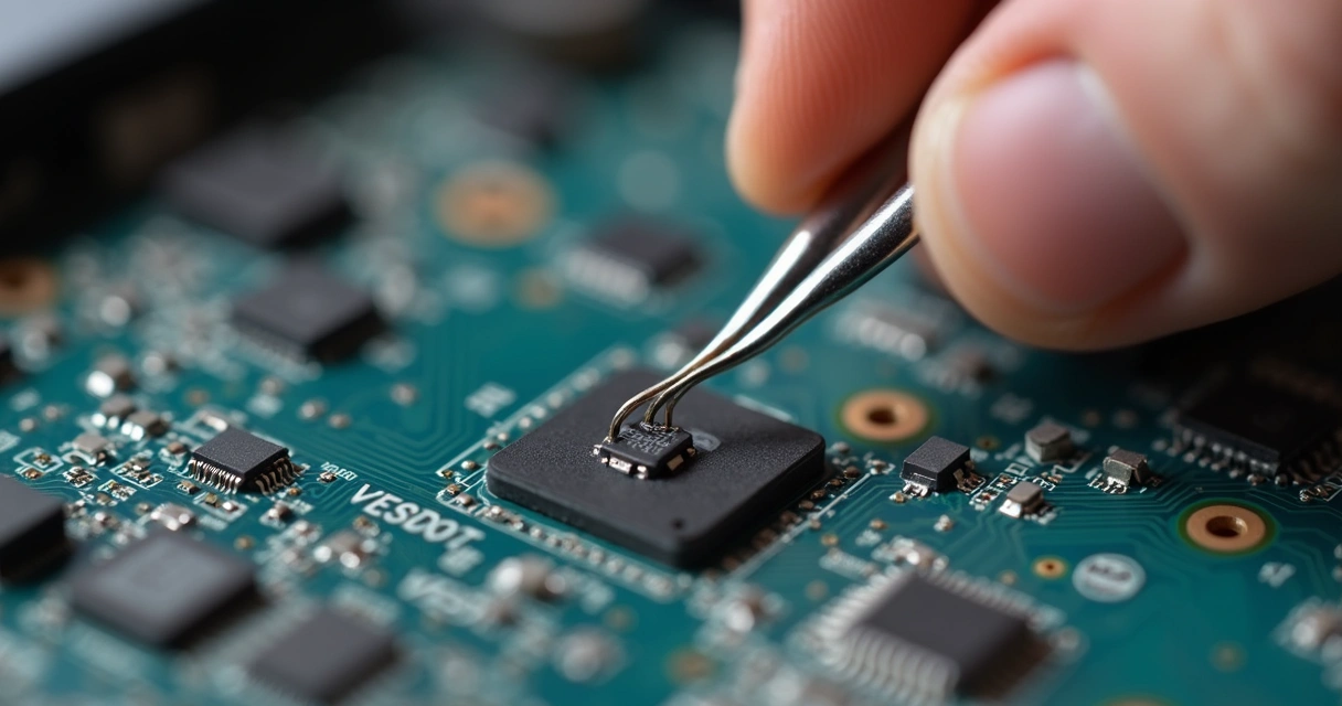 Mão trocando circuito integrado em placa de notebook desmontado 