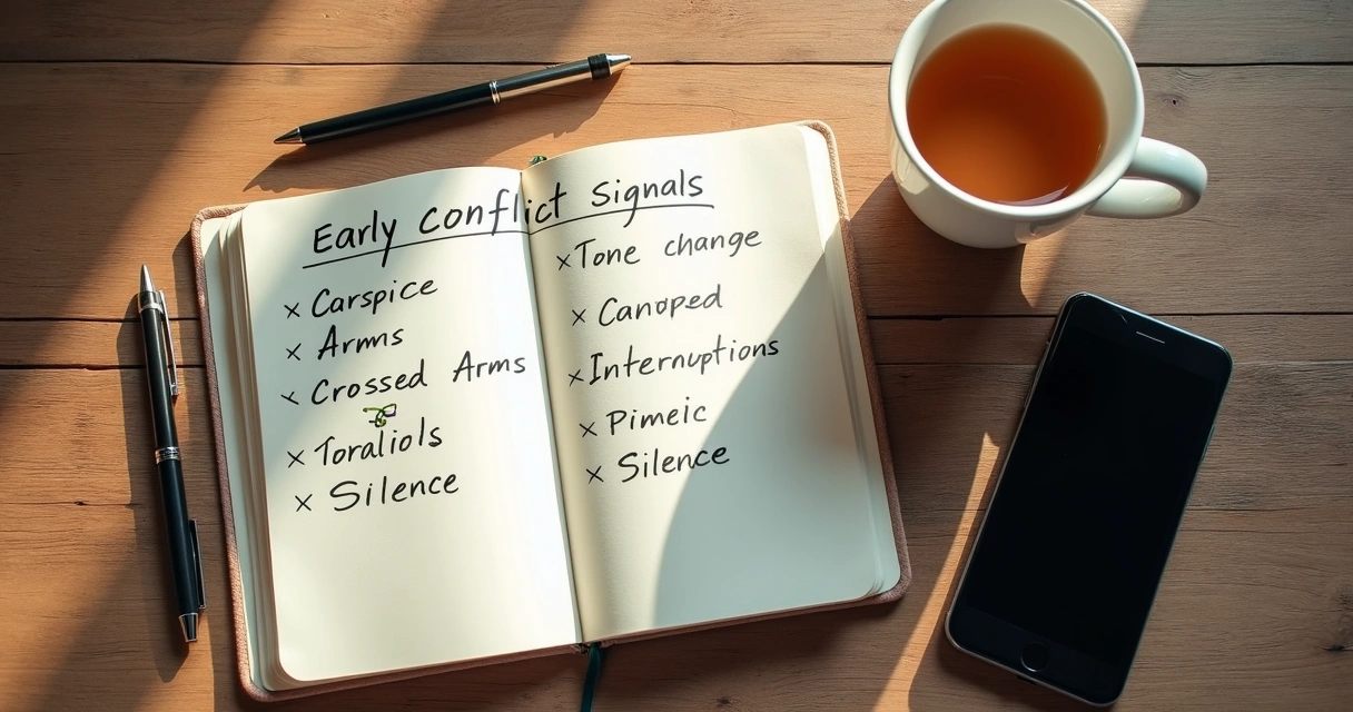 Notebook with conflict signals beside a cup of tea