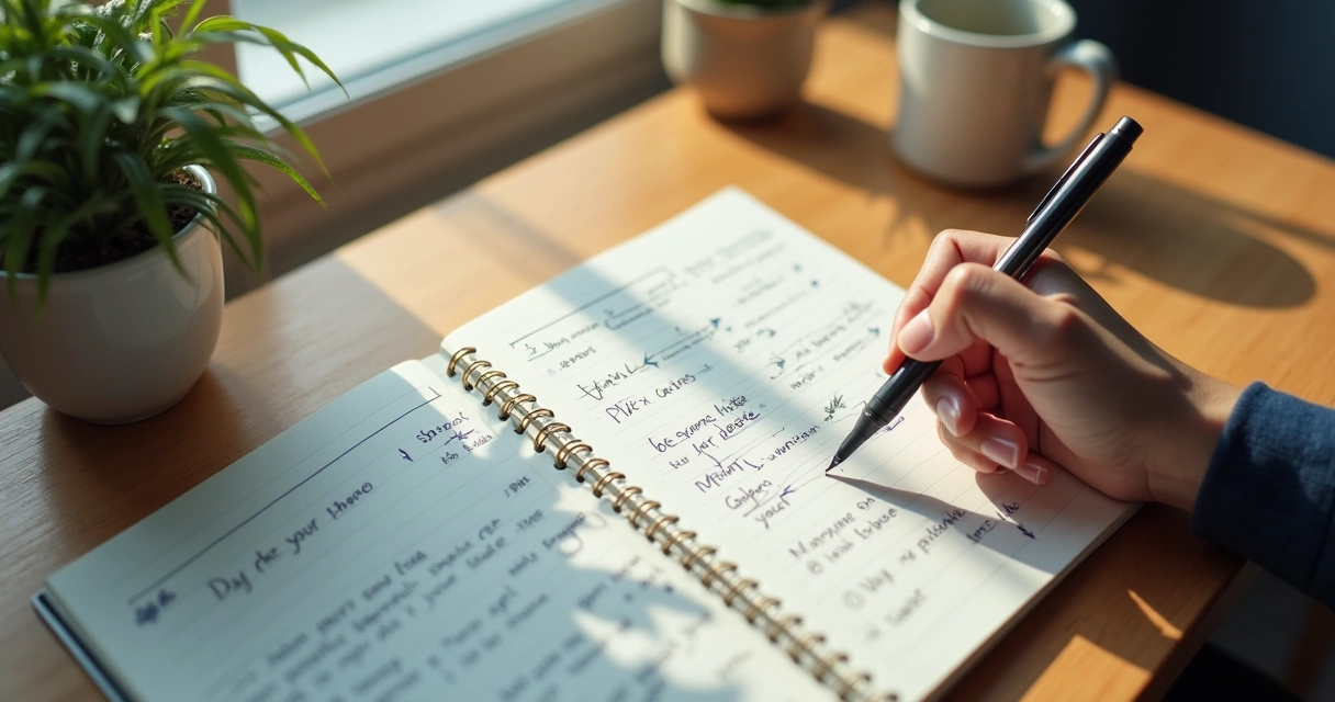 Open notebook with creative notes and a hand writing at a desk