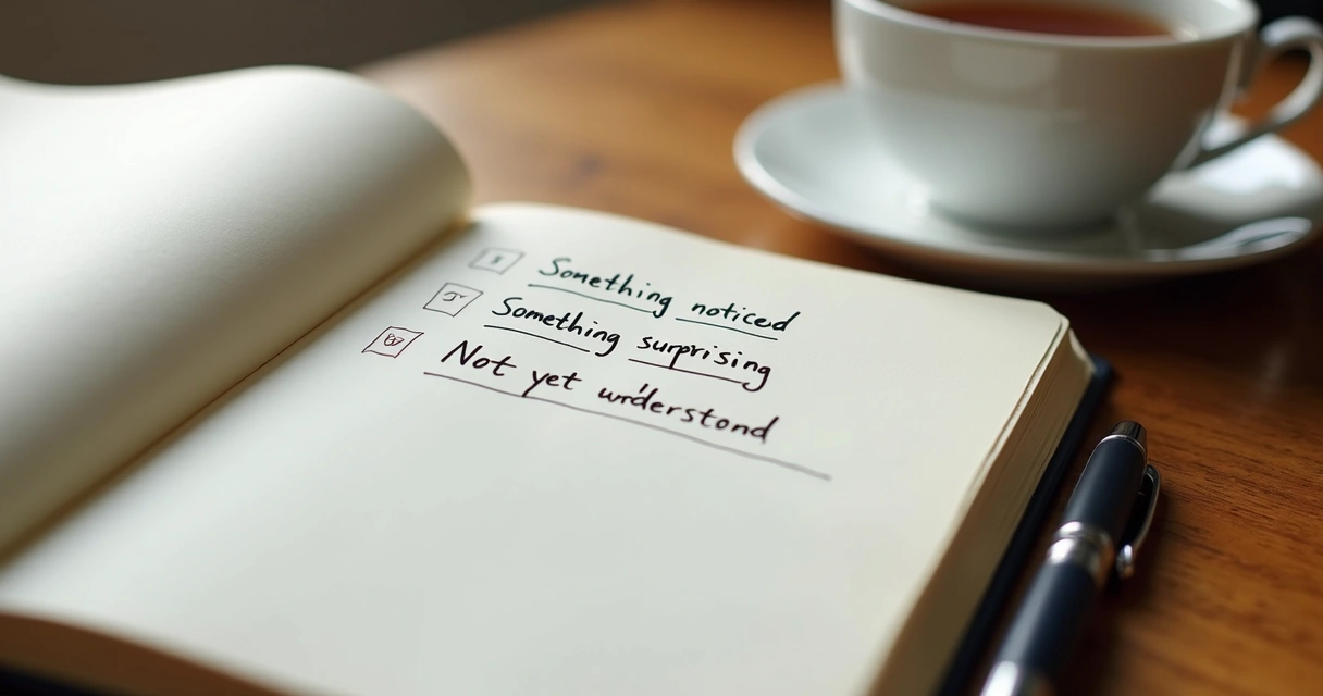 Open notebook with curiosity notes on a desk