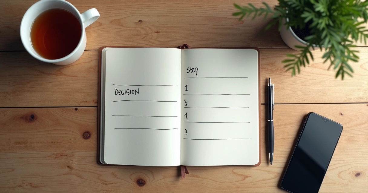 Notebook with simple decision steps beside tea and a calm workspace 