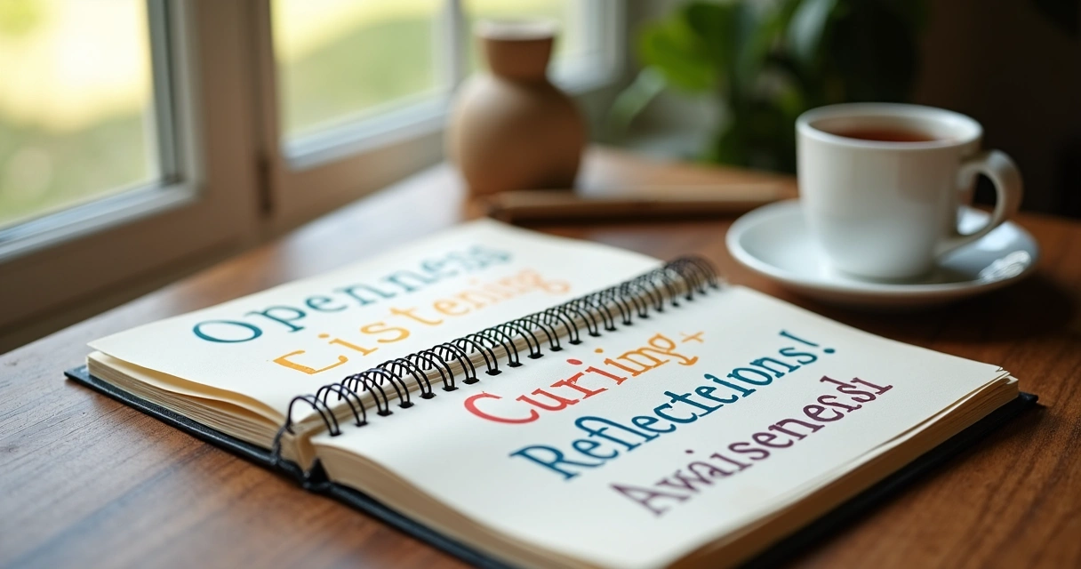 Notebook and pen with keywords written around it 