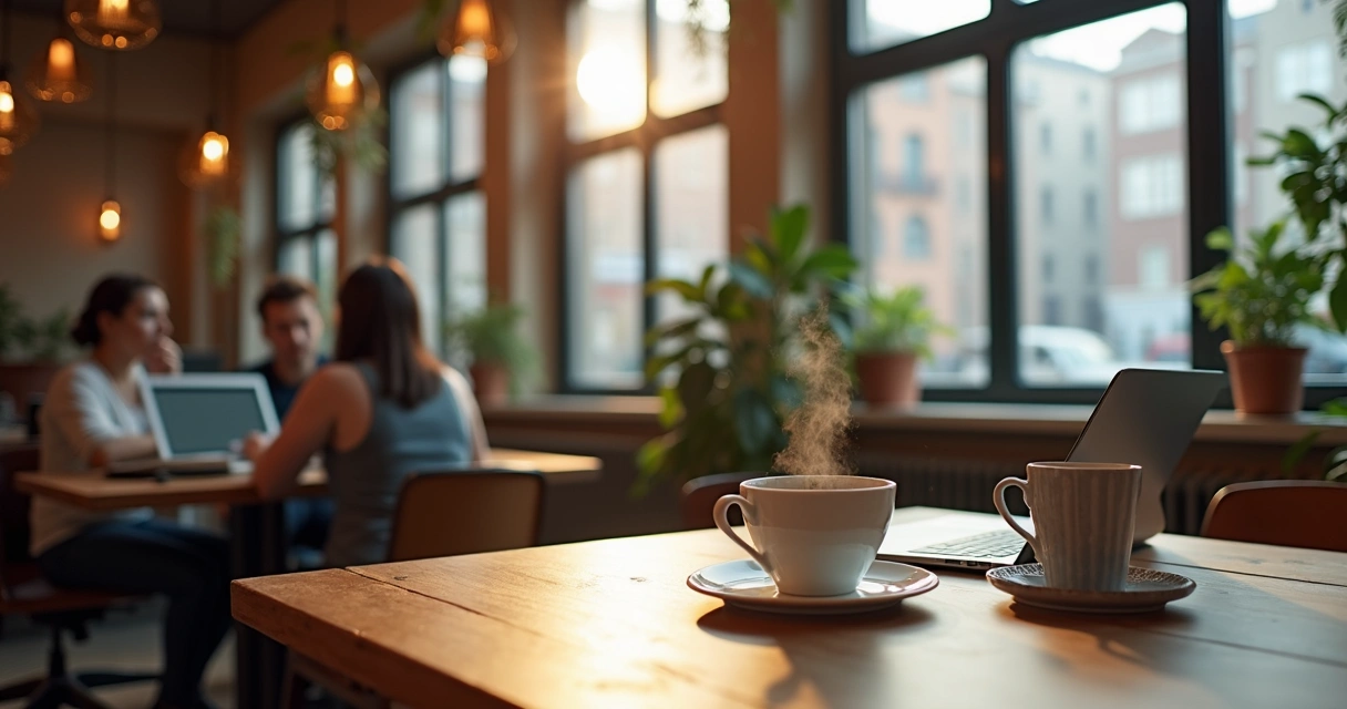 Notebook sobre mesa com xícara de café em coworking