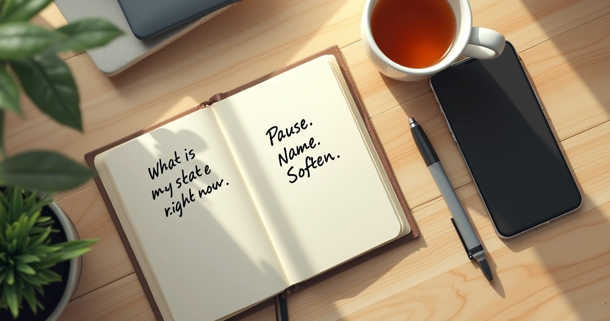 Notebook with short emotional check-in prompts on a desk