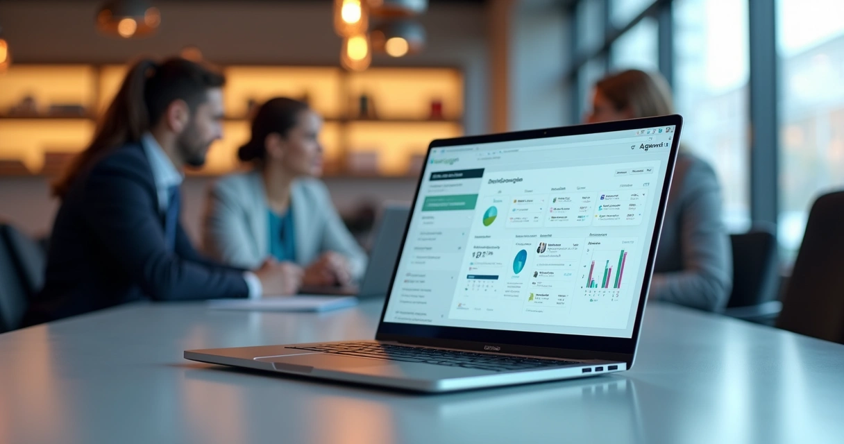 Notebook moderno com tela grande em escritório corporativo 