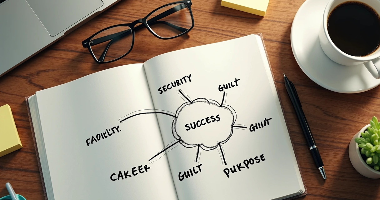 Notebook with career notes and family pattern diagram on desk 