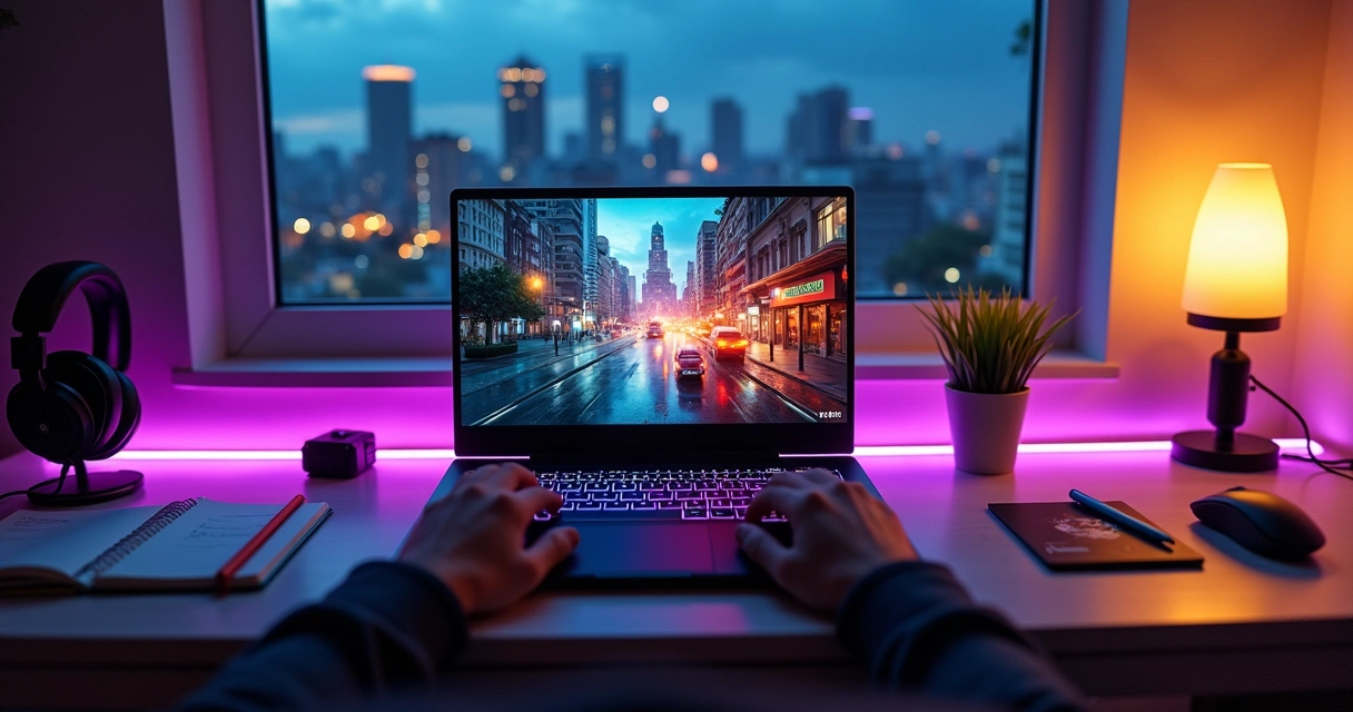 Pessoa jogando em notebook gamer em mesa com acessórios de jogo 