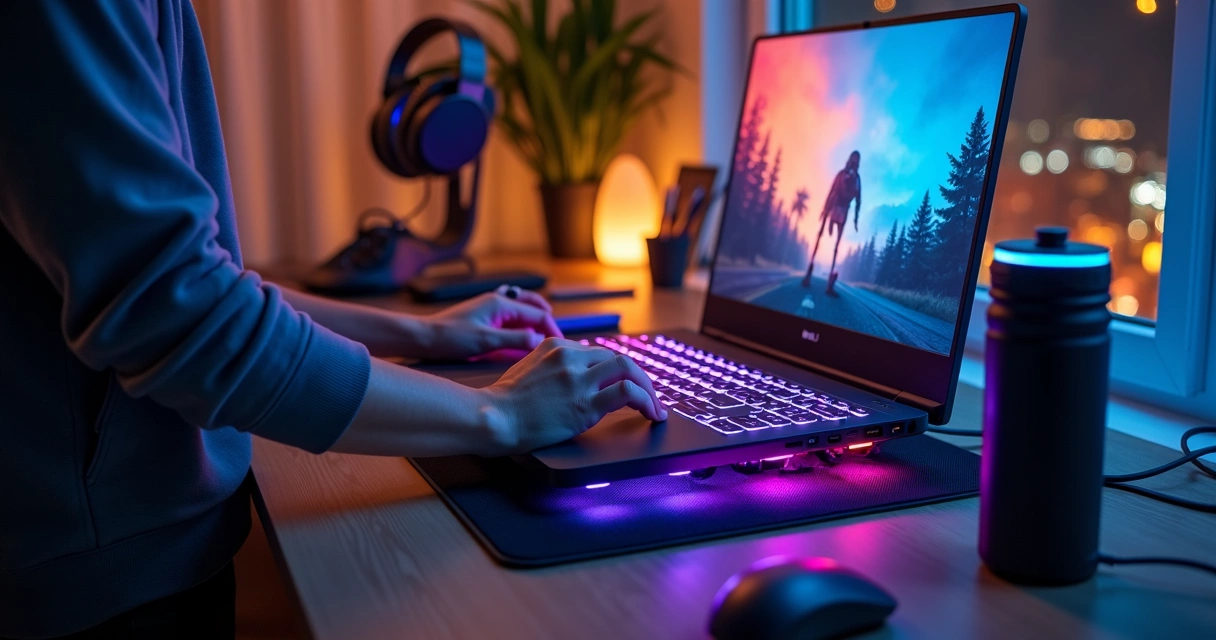 Jogador ajustando resfriamento de notebook gamer em mesa organizada 