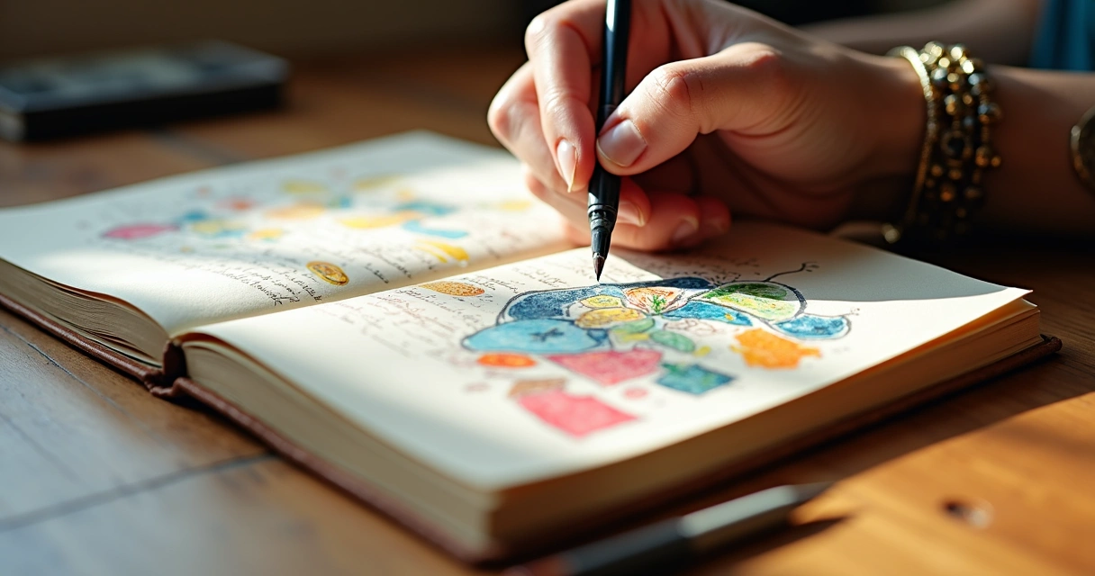 Open sketchbook with abstract shapes, colors, and notes, hand holding pen, spiritual bracelets visible 