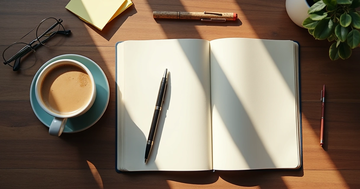 Journal with pen and coffee cup on table 