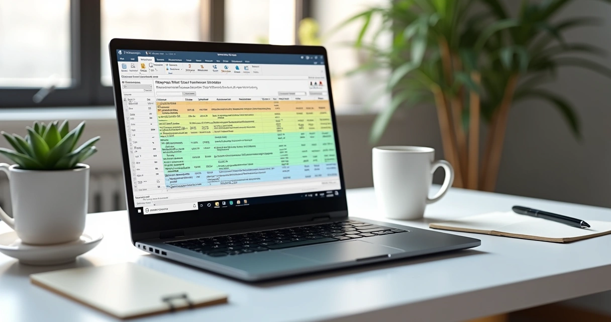 Notebook Lenovo com tela ligada, sobre uma escrivaninha com bloco de notas e caneca 
