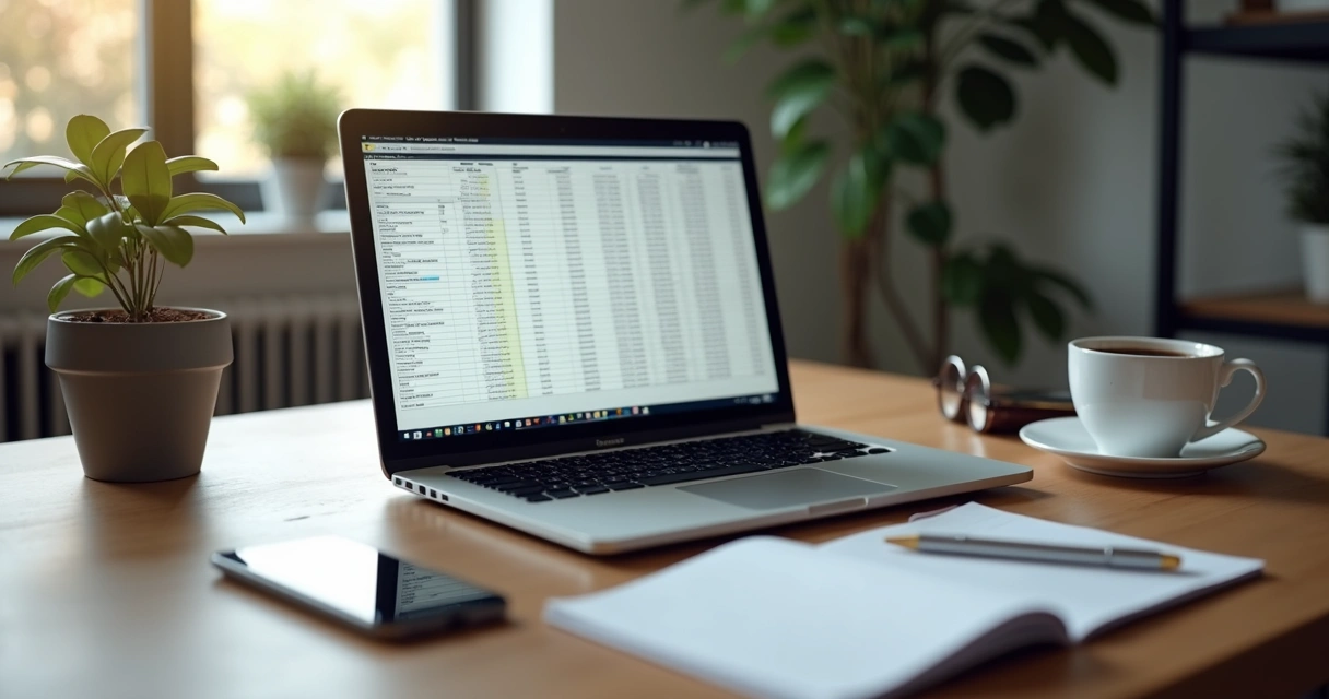 Notebook aberto em mesa de trabalho com planilhas e bloco de anotações