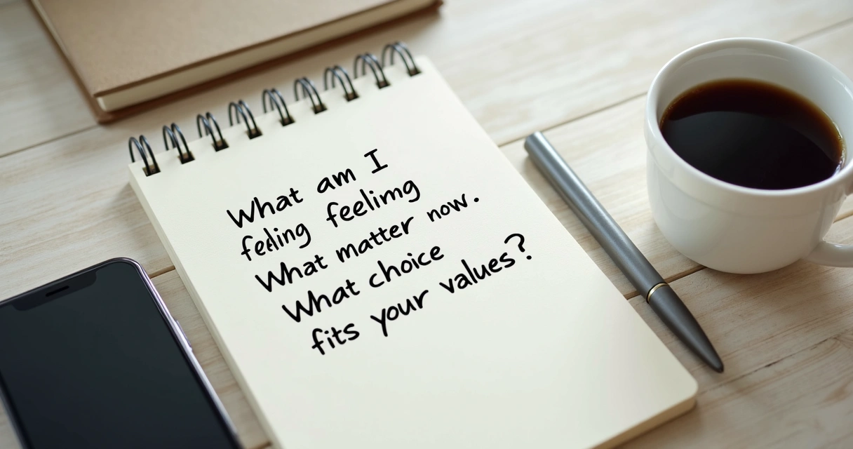 Notebook with reflection questions beside coffee and phone