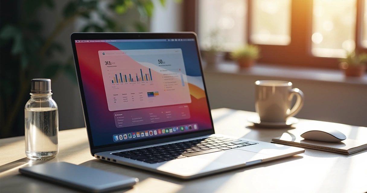 Notebook moderno em escritório com tela ampla, iluminação clara 