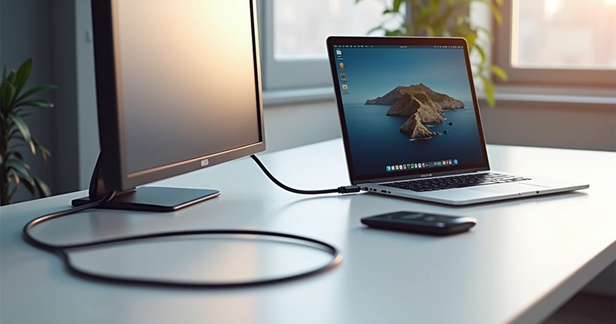 Notebook conectado a monitor externo por cabo USB-C