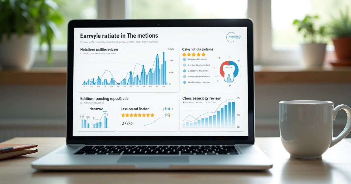 Notebook aberto com gráficos de monitoramento, caneca de café ao lado e símbolo de sorriso