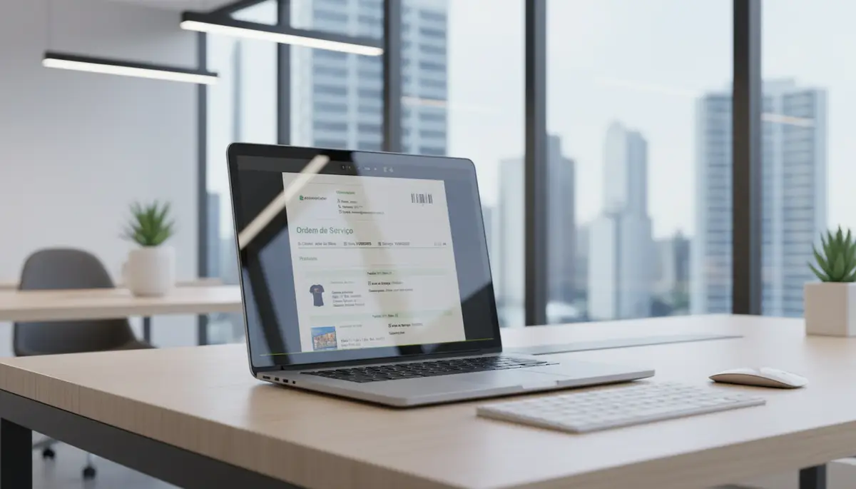 Notebook mostrando tela de ordem de serviço do eRevendedor sobre mesa em escritório moderno