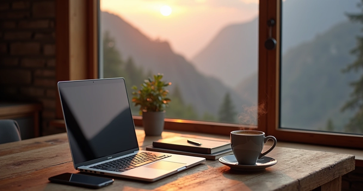 Notebook aberto em mesa de madeira com vista para montanhas ao fundo 