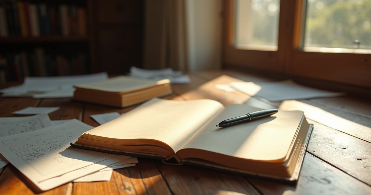 Notebook aberto, papéis e caneta ao lado, ambiente de reflexão