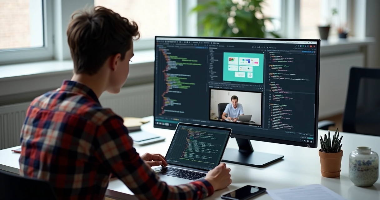 Estudante usando notebook multitarefa com vários aplicativos abertos 