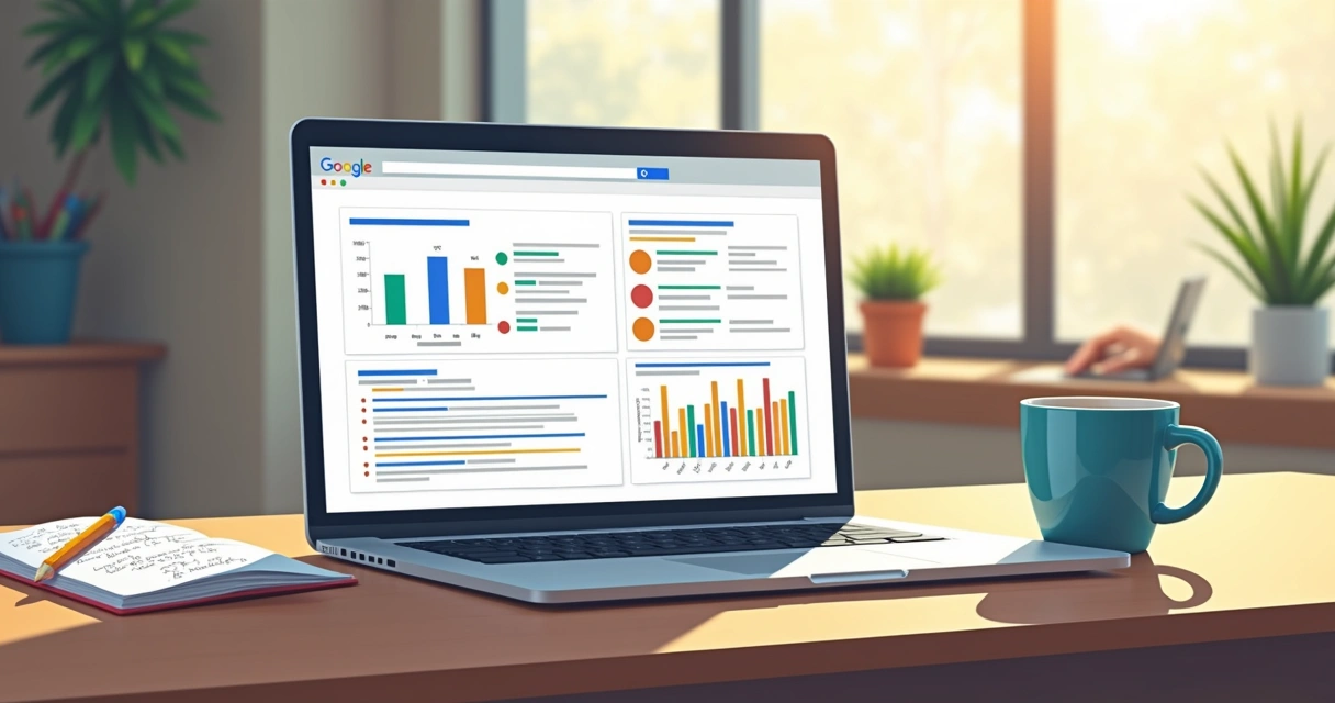 Notebook aberto mostrando pesquisa de palavras-chave do Google 