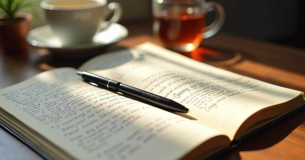 Open notebook filled with handwritten positive self-affirmations and a pen resting nearby