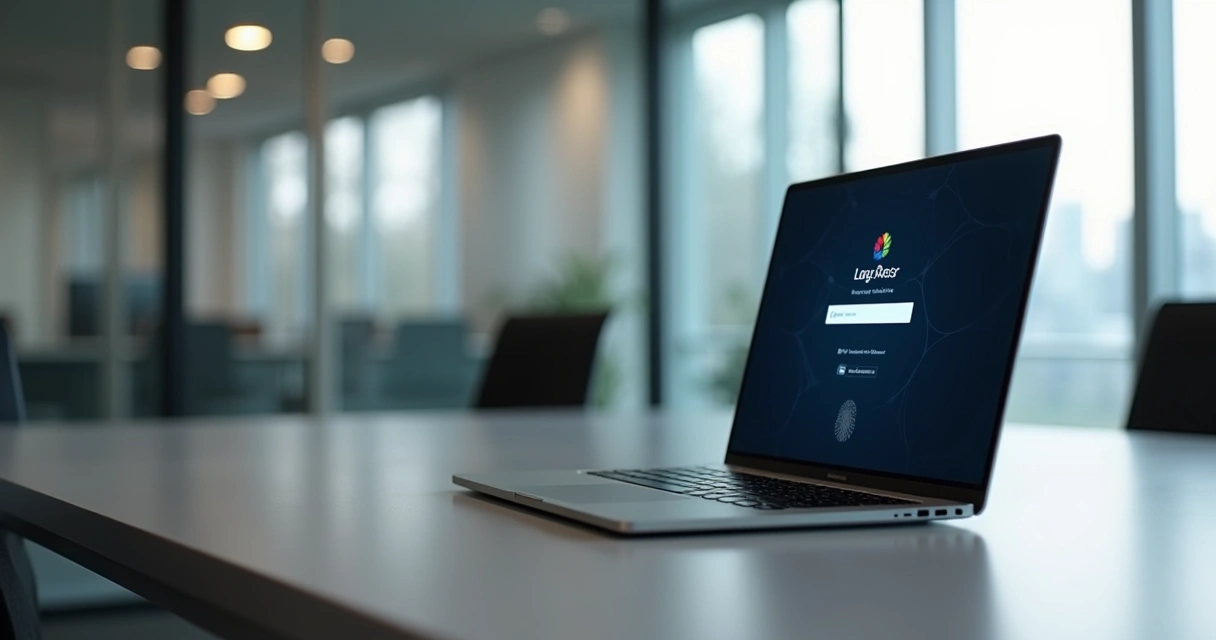 Notebook corporativo premium aberto, com leitor biométrico visível junto ao teclado 