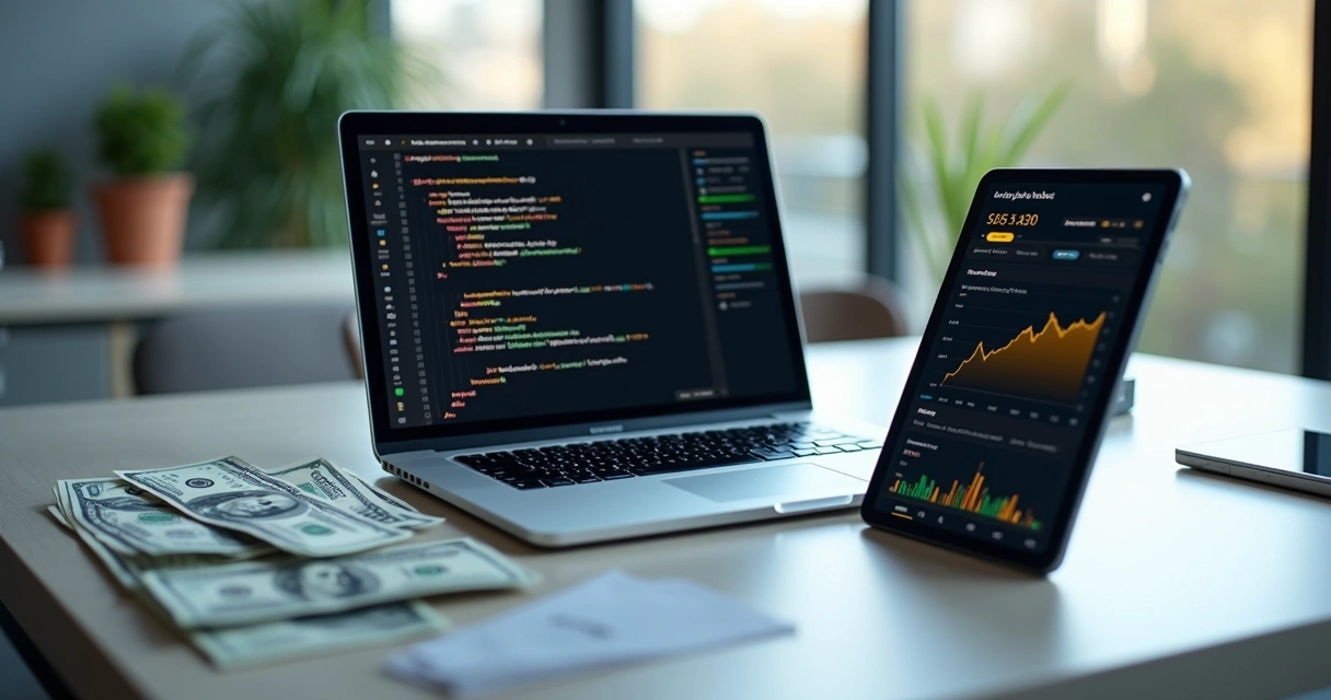 Notebook com notas de dólar e gráficos de finanças ao lado 