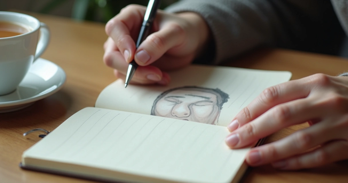 Hands reflecting in notebook with pen, cup of tea nearby 