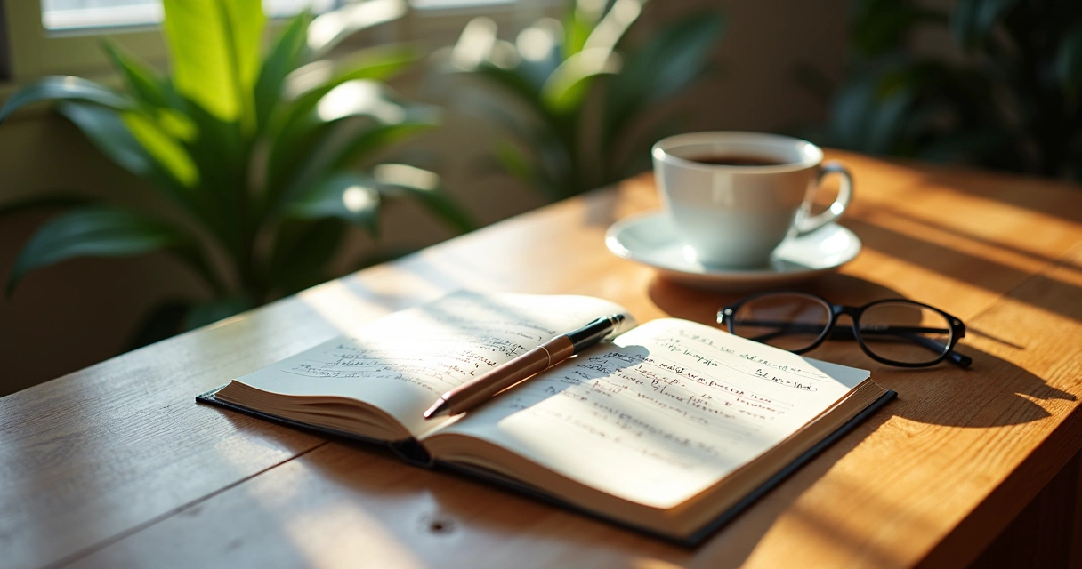 Open notebook with handwritten notes and pen on a wooden table 