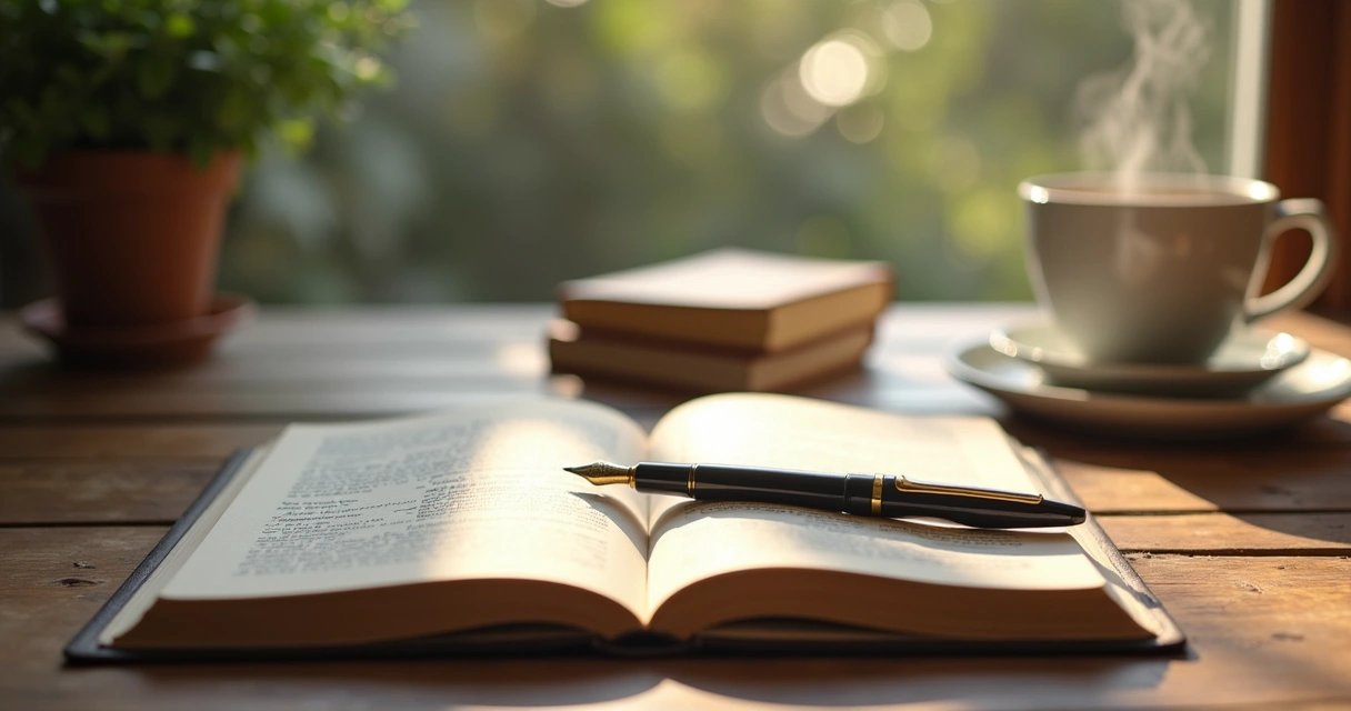 Open journal and pen on a wooden table 