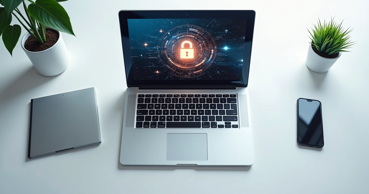 Notebook fechado com cadeado digital na tela