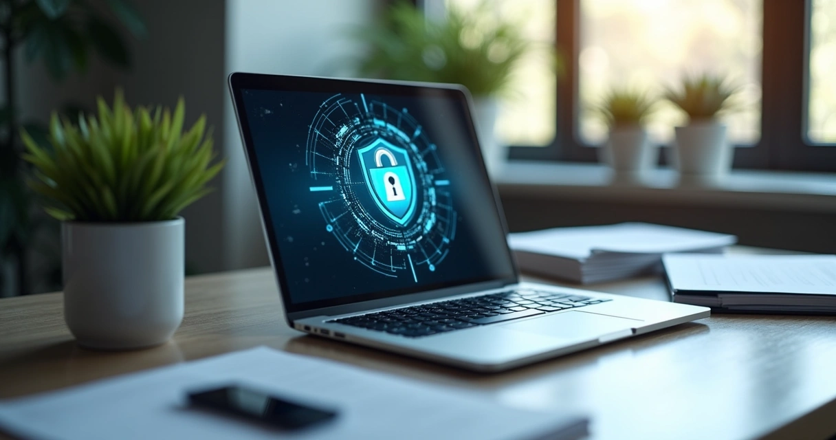 Notebook com tela mostrando ícone de segurança de informação 