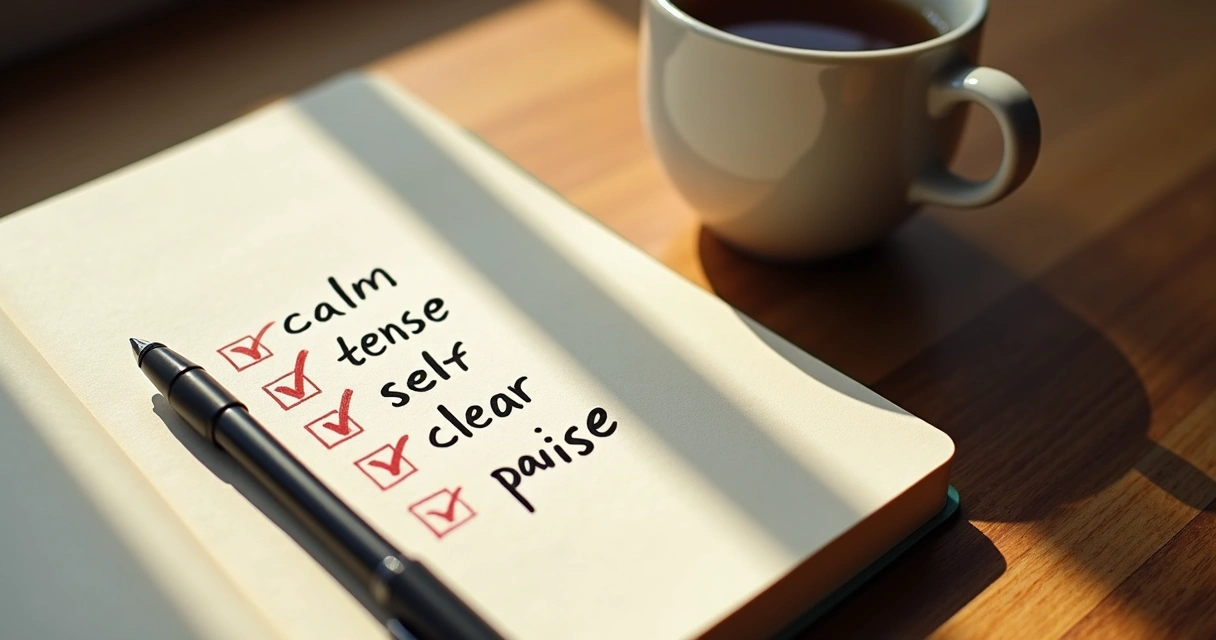 Notebook with short self-check words beside a cup of tea 