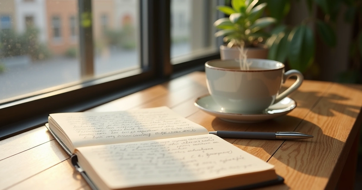 Notebook and tea beside a window during a quiet moment of reflection