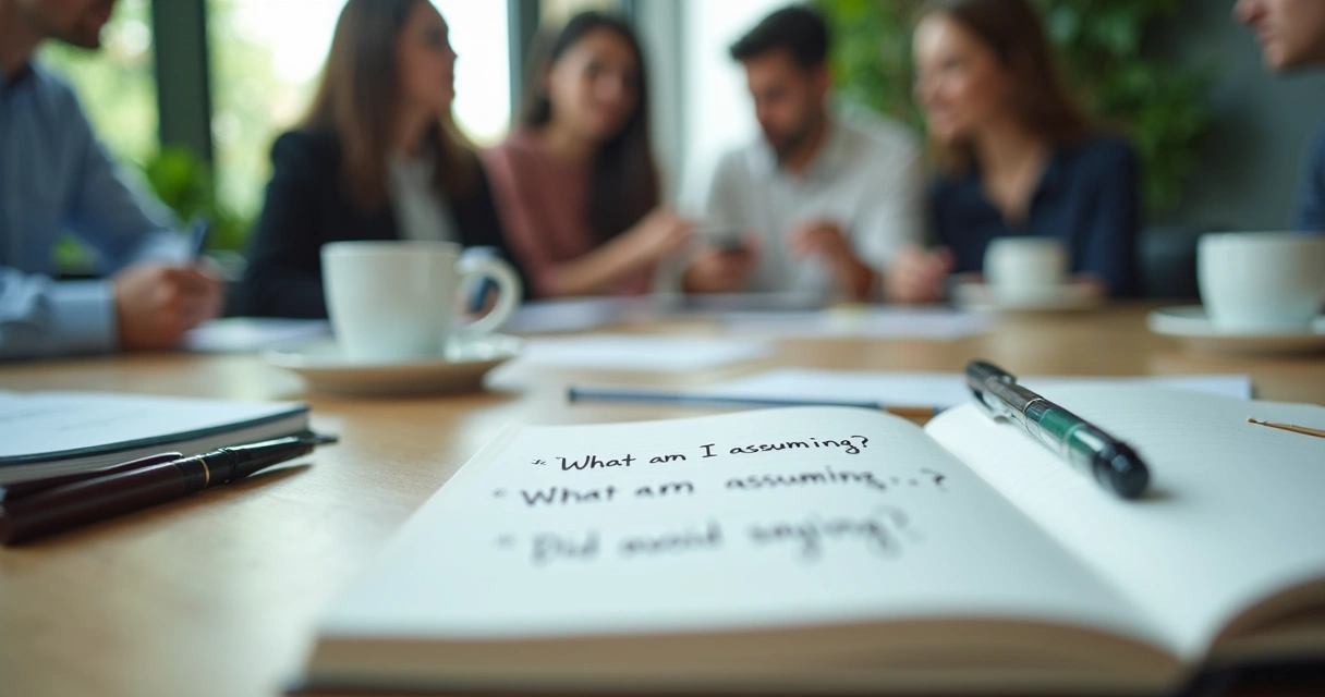 Notebook with reflection questions beside a team planning session 