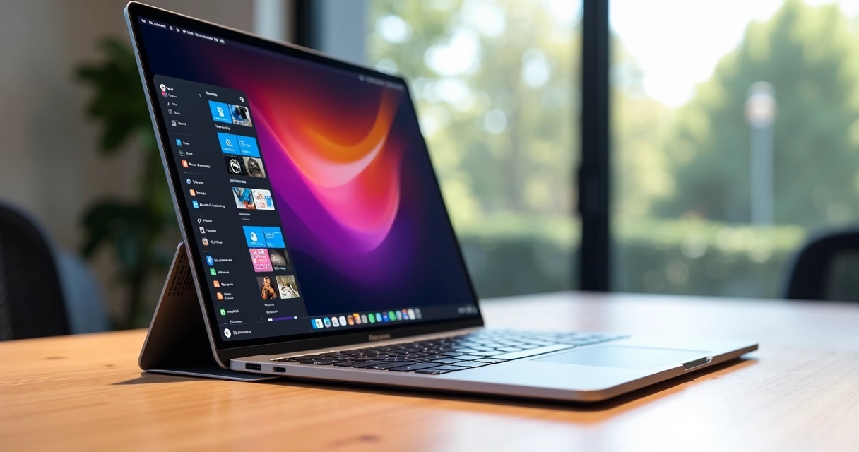 Notebook com tela curva OLED sendo ajustada por motor 