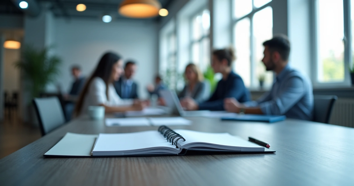 Notebook em uso em ambiente empresarial, com profissionais ao fundo 