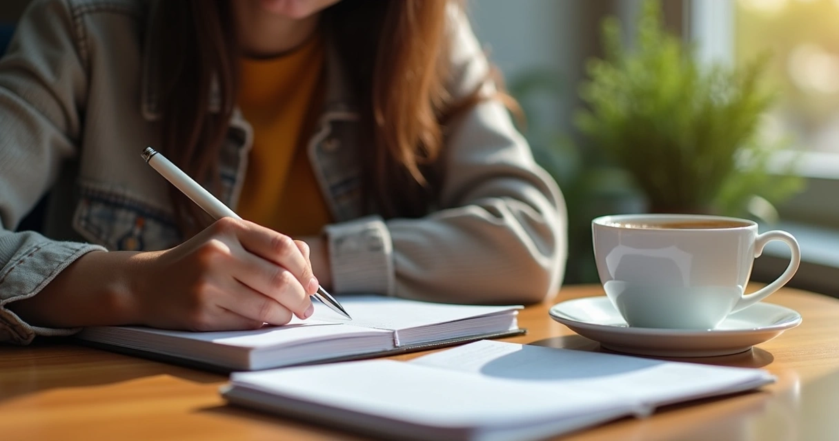 Pessoa trabalhando em notebook com anotações e café sobre mesa de madeira clara 