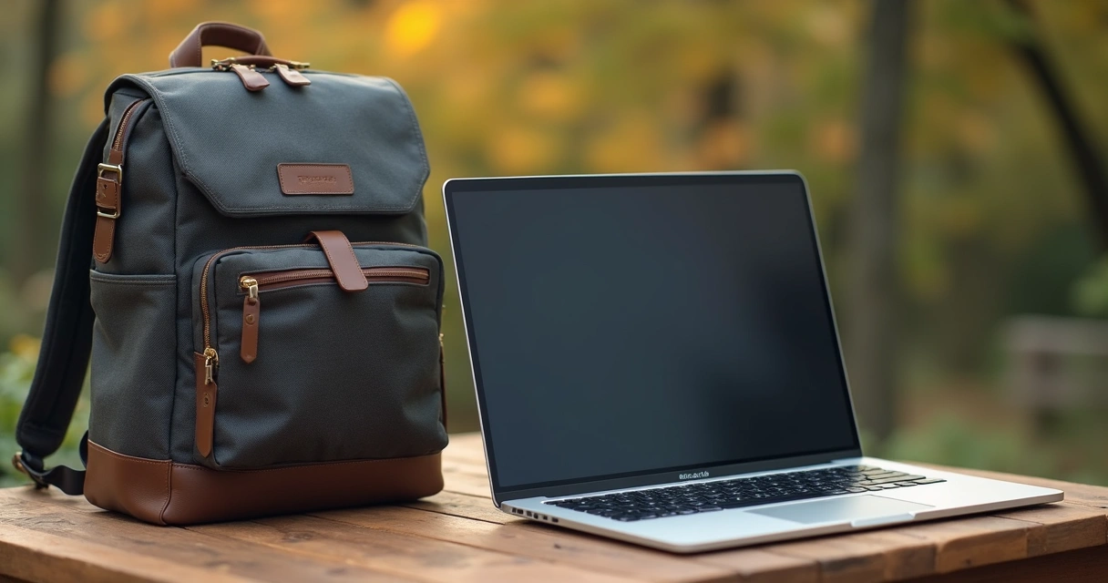 Notebook ultracompacto ao lado de uma mochila moderna 