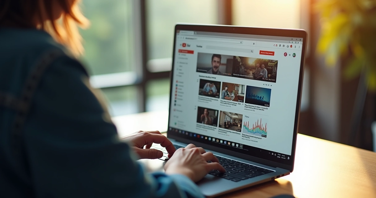 Pessoa mexendo em notebook no YouTube, tela mostra página inicial personalizada