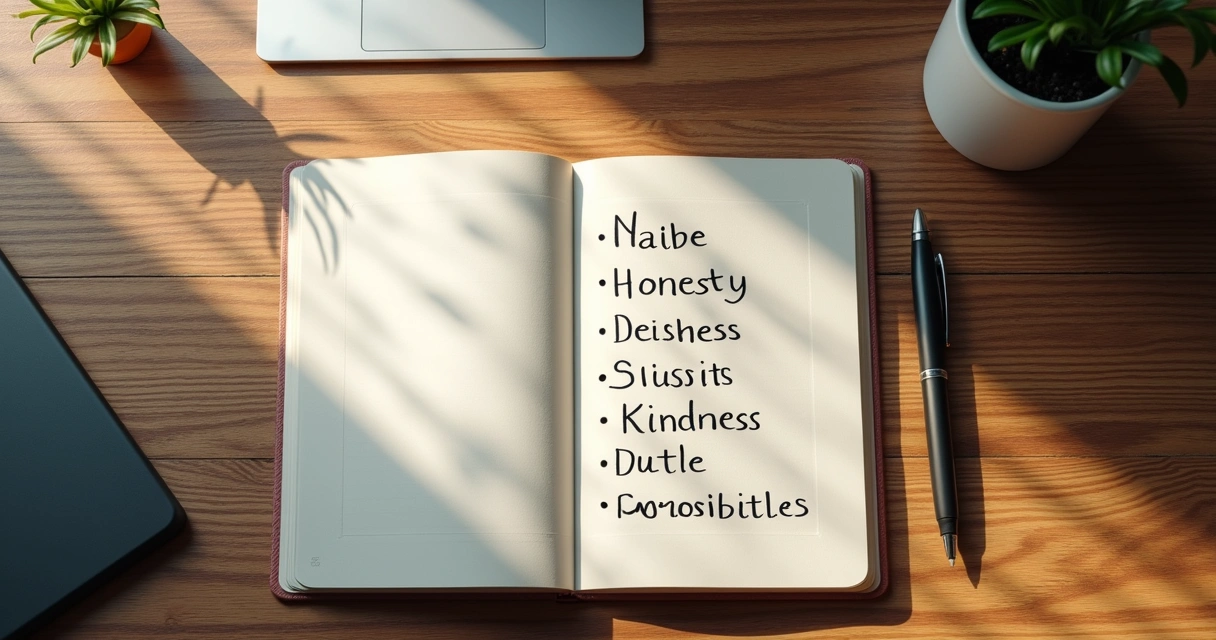 Open notebook with handwritten list of values, pen on side 