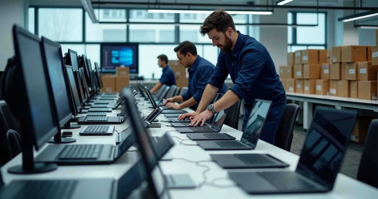Equipe de TI organizando notebooks em bancada de escritório 