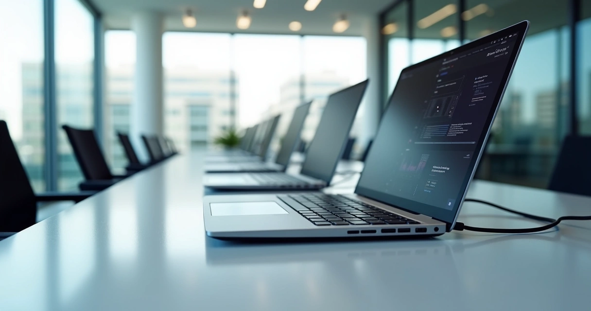 Notebooks modernos organizados sobre uma mesa de escritório, prontos para uso corporativo. 