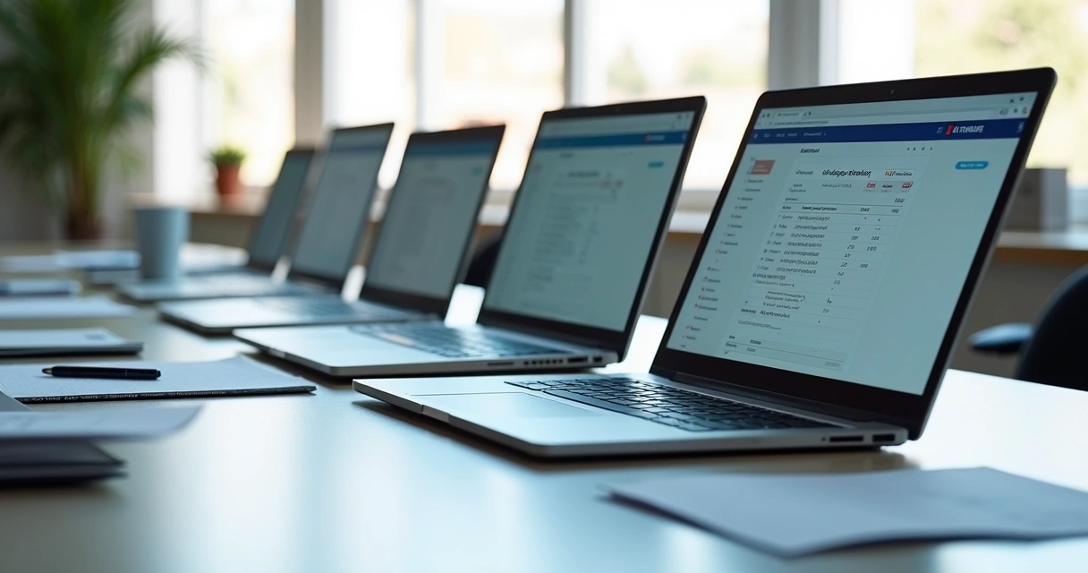 Diversos modelos de notebooks em uma mesa de escritório 