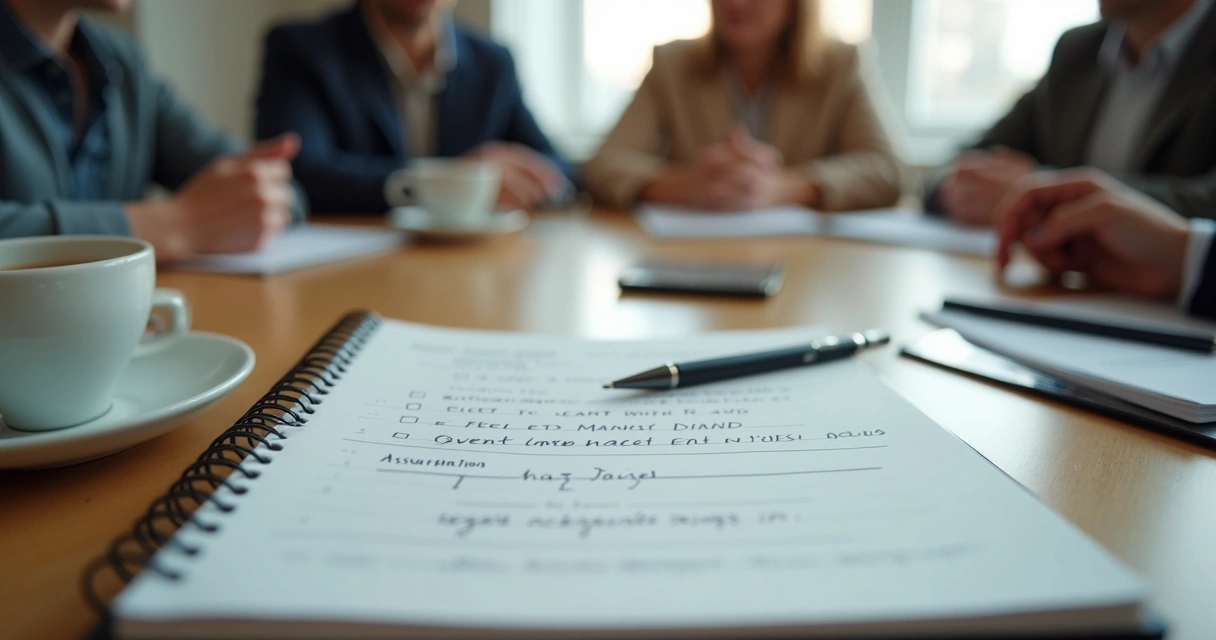 Notebook on a table during a paused group meeting 